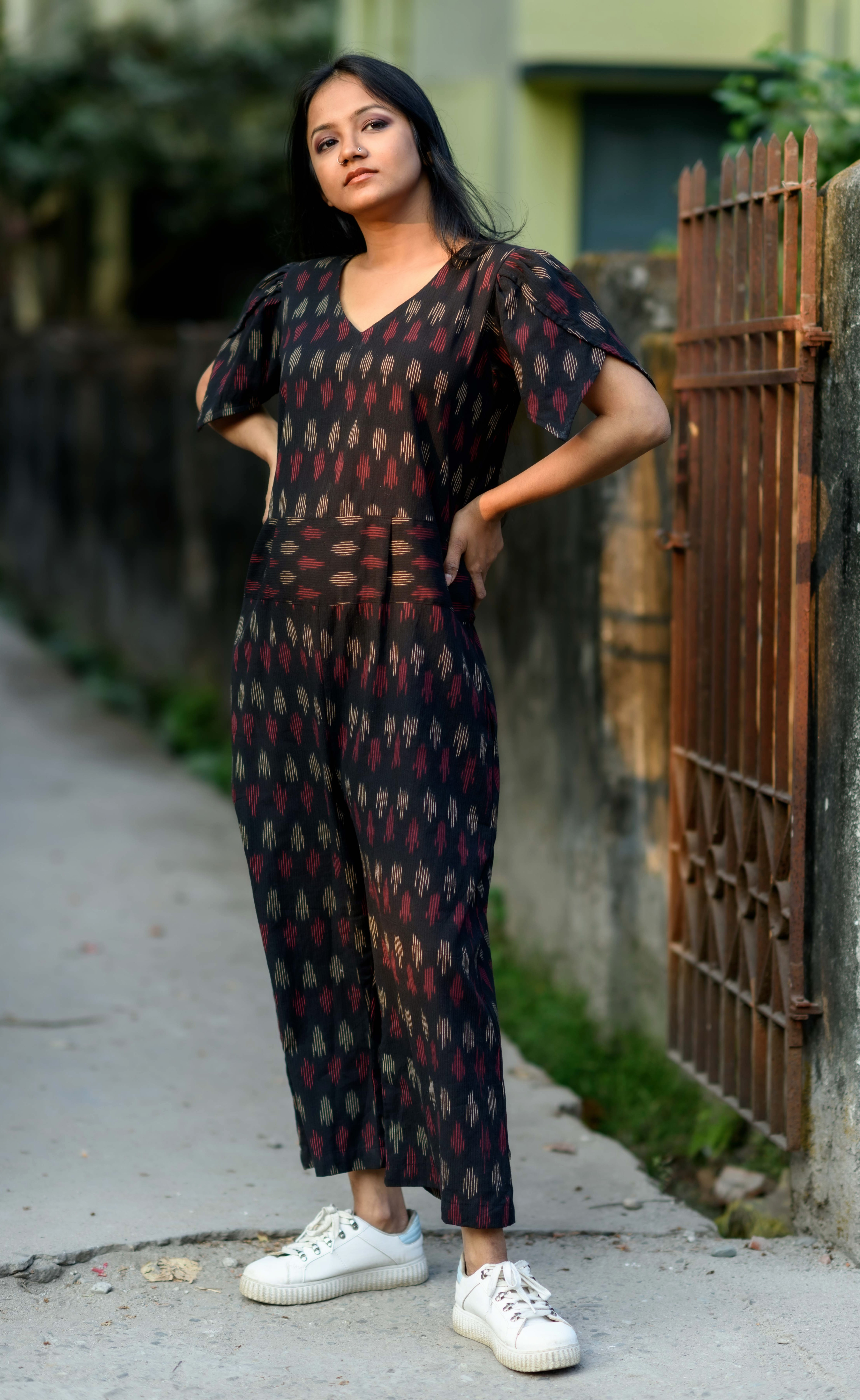 Tulip Sleeve Ikkat Print Loose Fit Palazzo Jumpsuit with Back Chain