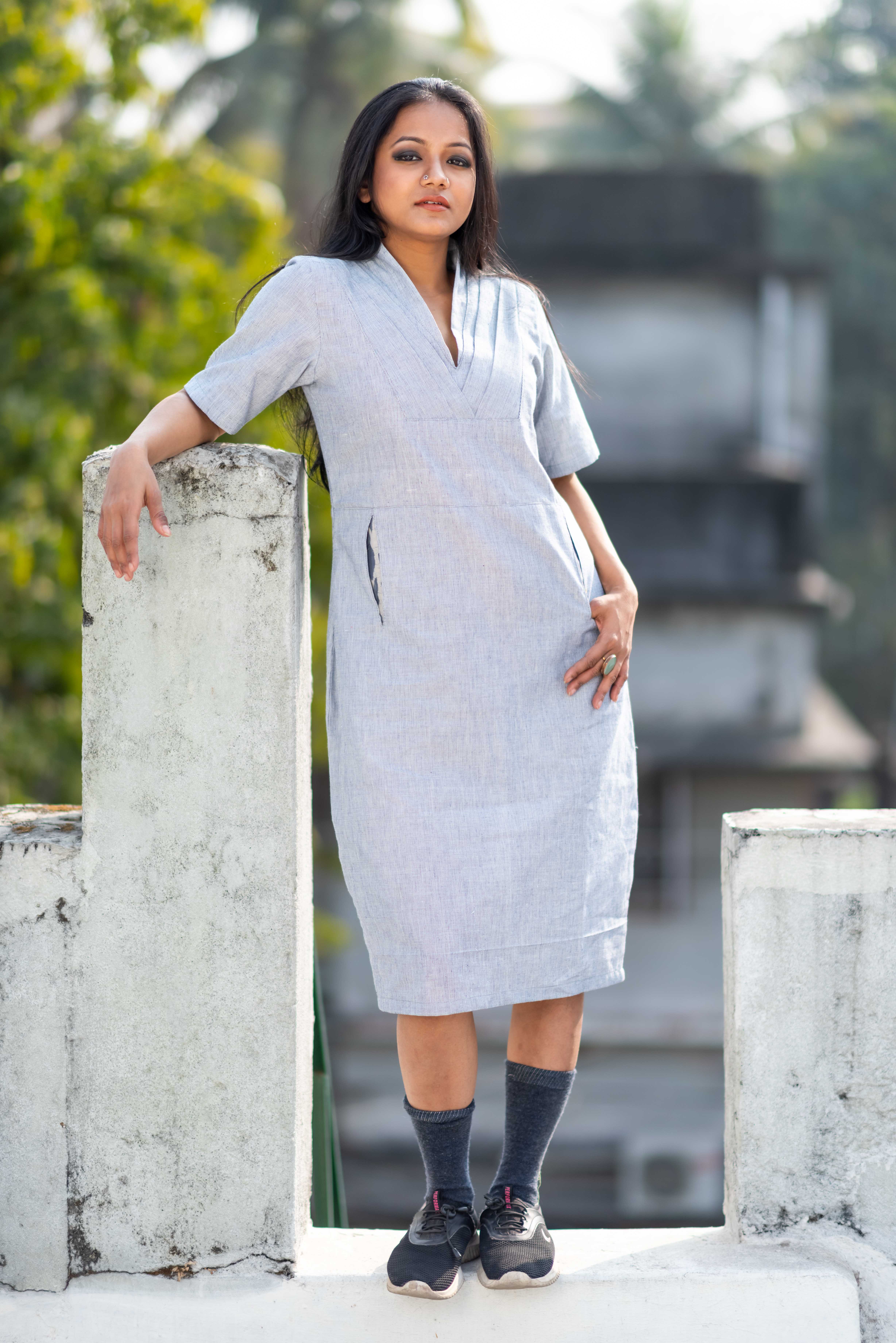 Double Toned Pure Cotton Pleated V Neck Dress with Slitted Front Patch Pocket.