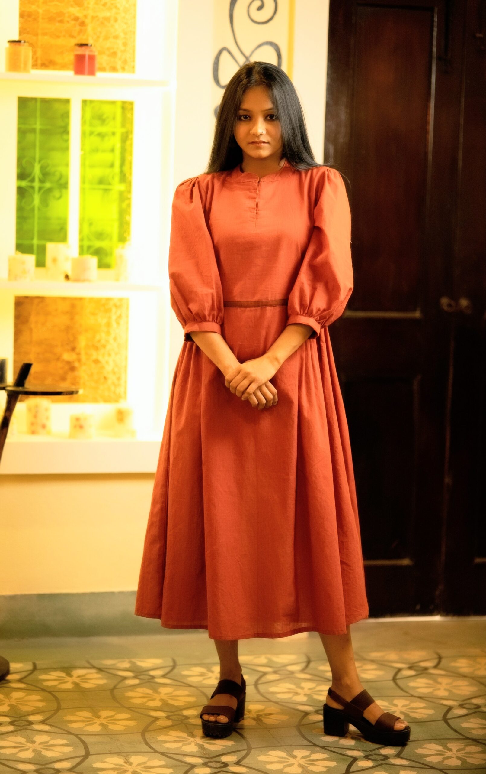 Side Pleated Long Dress with Chinese Collar and Sausage Sleeves with side pockets