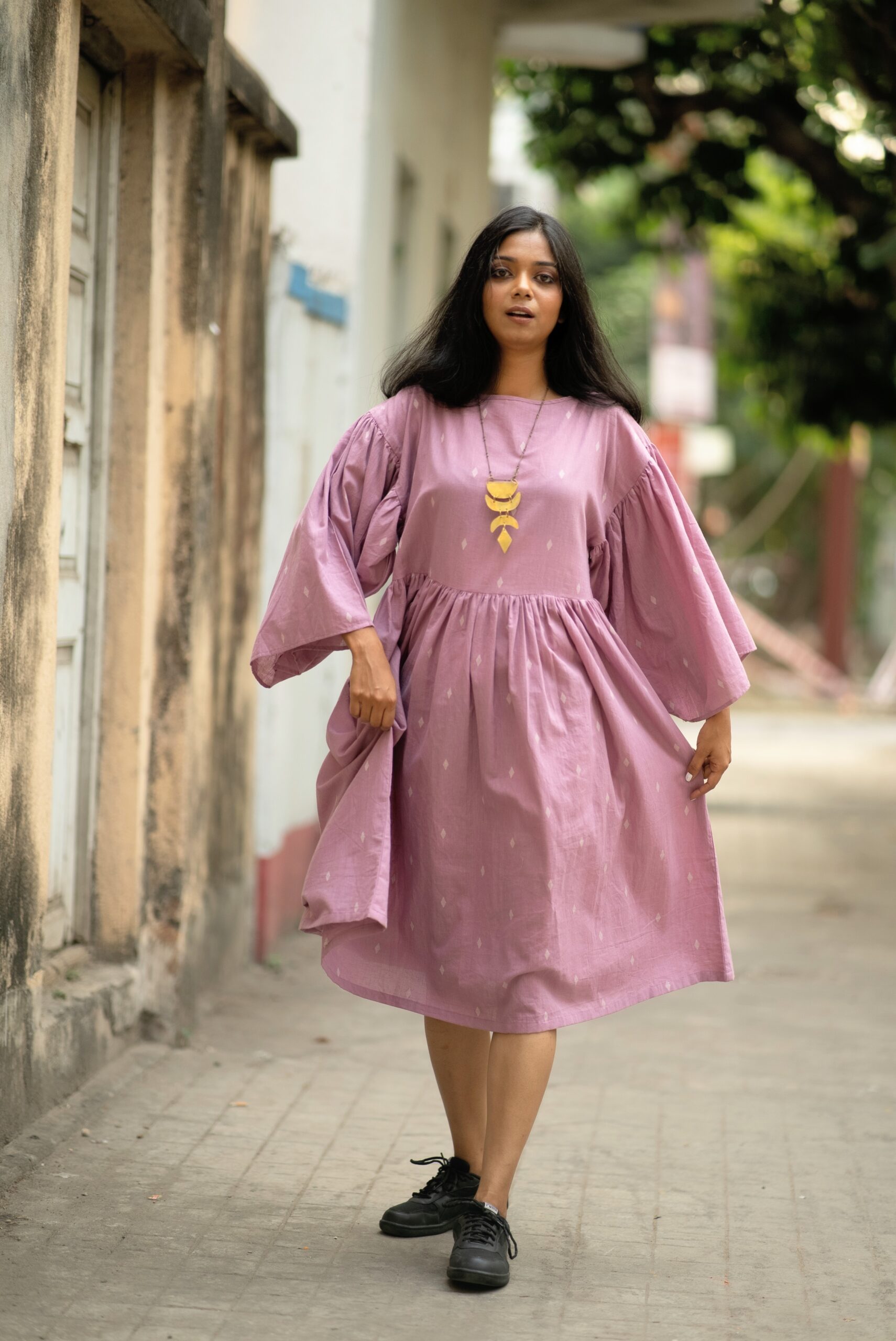 Lilac Front Pleated Boat Neck Soft Cotton Brocade Dress with Shoulder Drop Sleeves