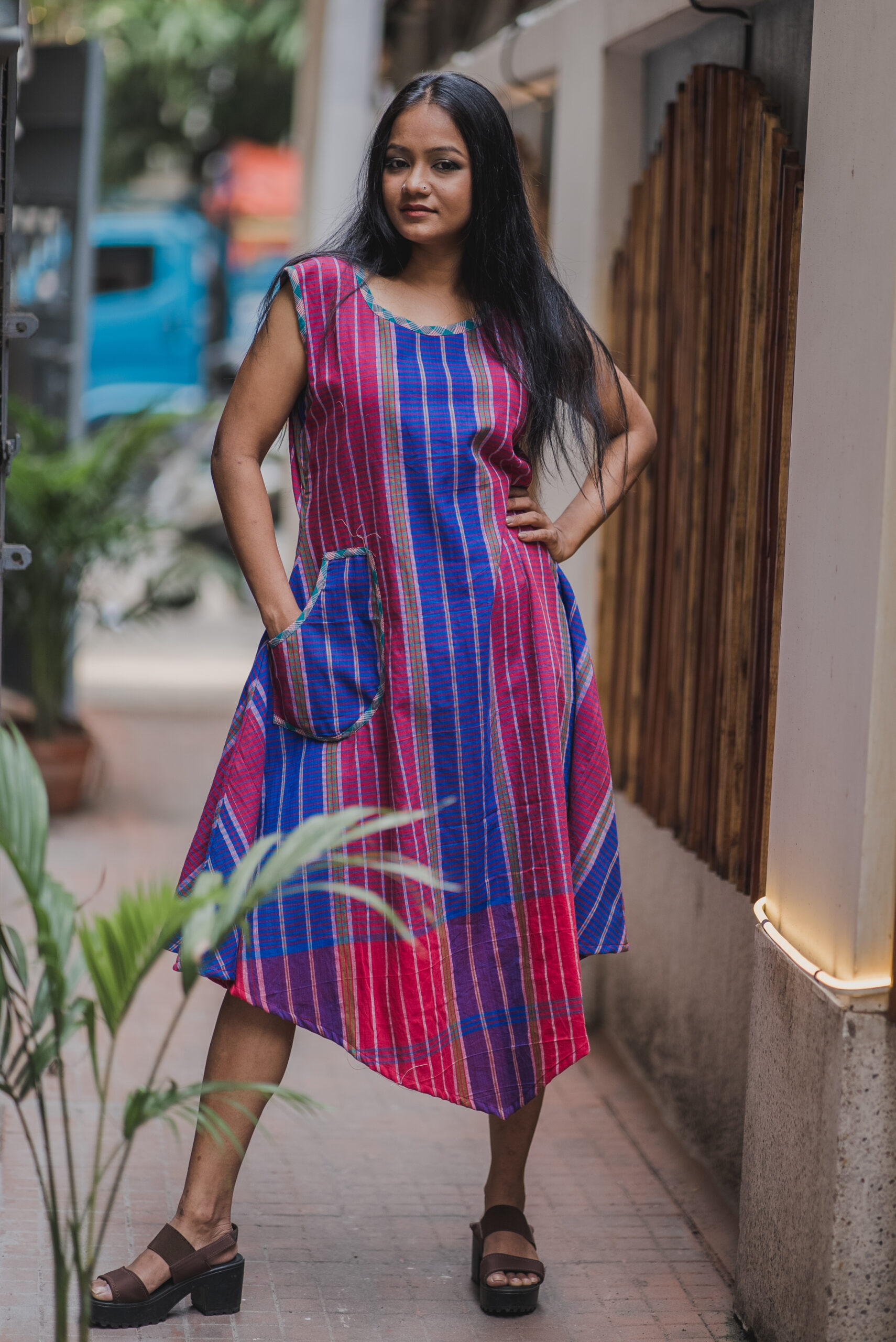 Red & Blue Gamchha Asymmetric Sleeveless Dress