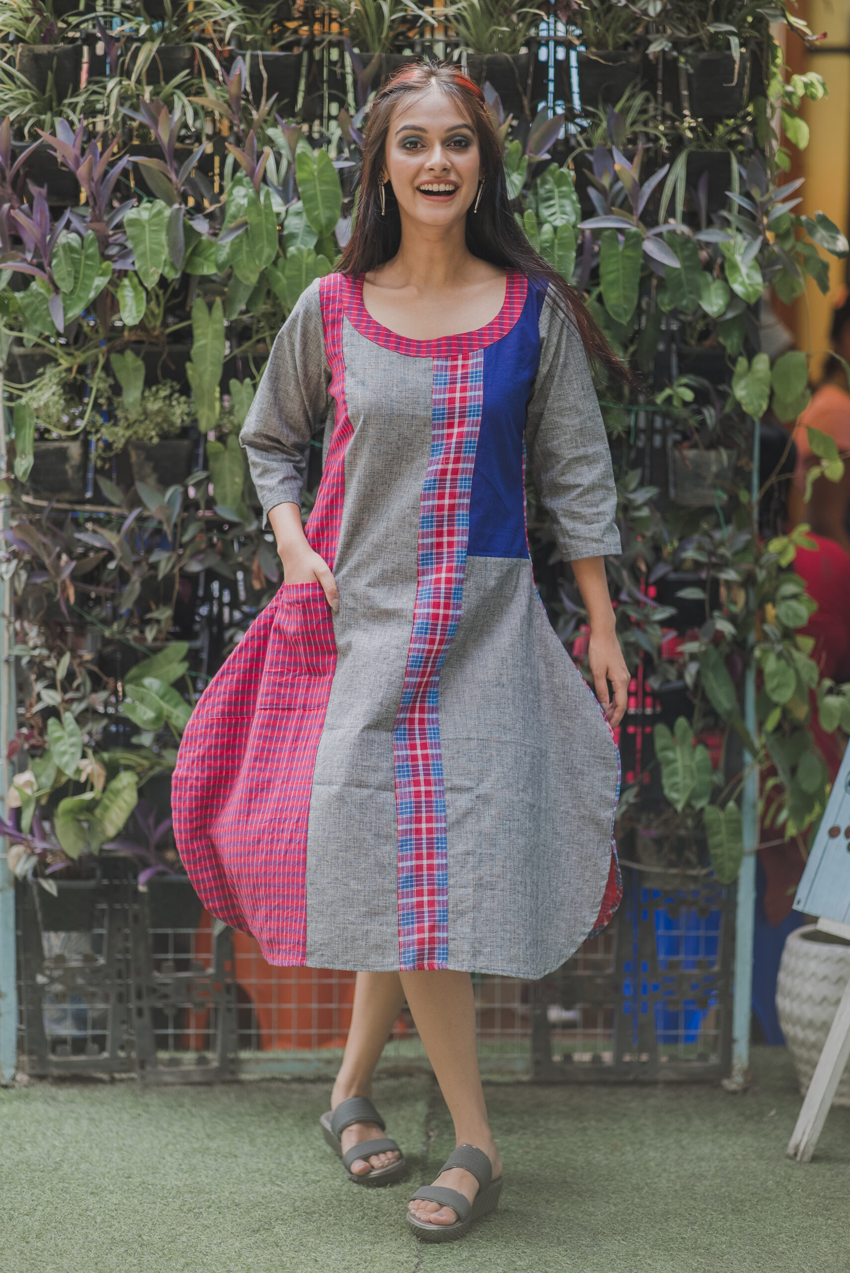 Gamchha and Pure Cotton Balloon Dress with Round Neck