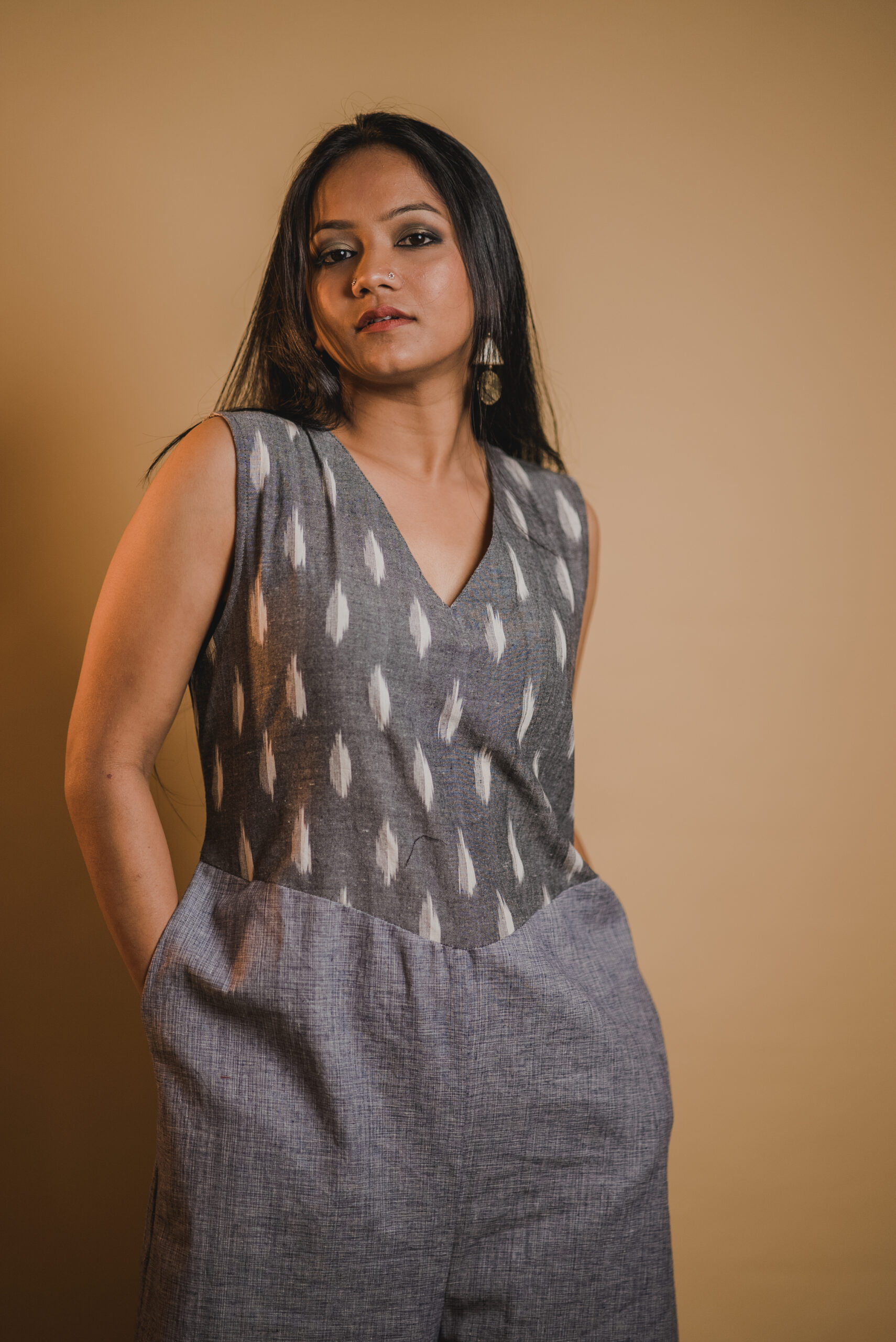 Grey Ikkat & Pure Cotton V Neck Jumpsuit