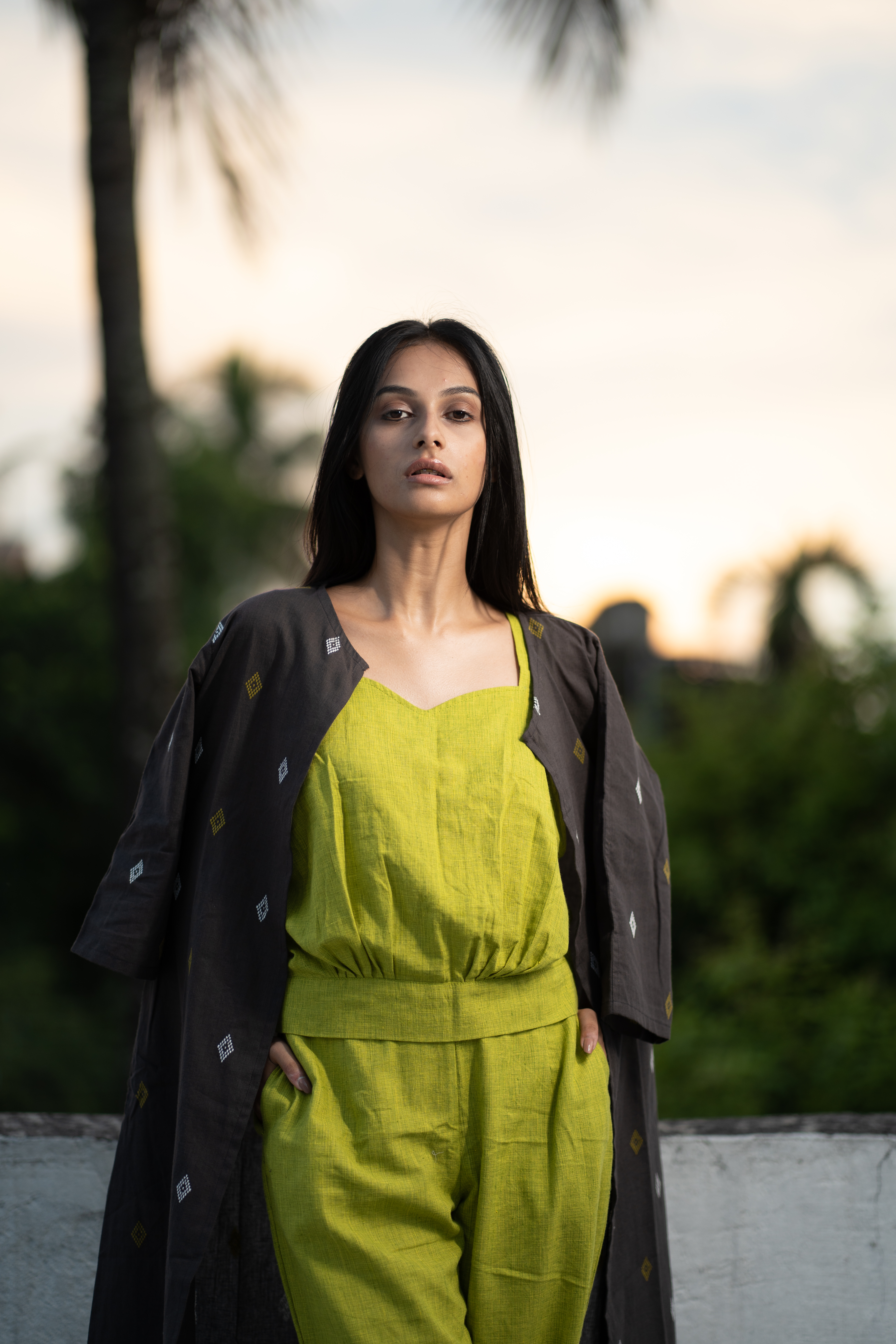 Double Toned Pure Cotton Bralette cut top, ankle- length cigarette pants with full sleeve south cotton long shrug