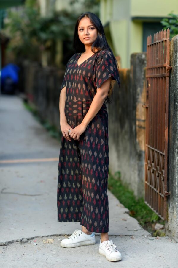 Tulip Sleeve Ikkat Print Loose Fit Palazzo Jumpsuit with Back Chain