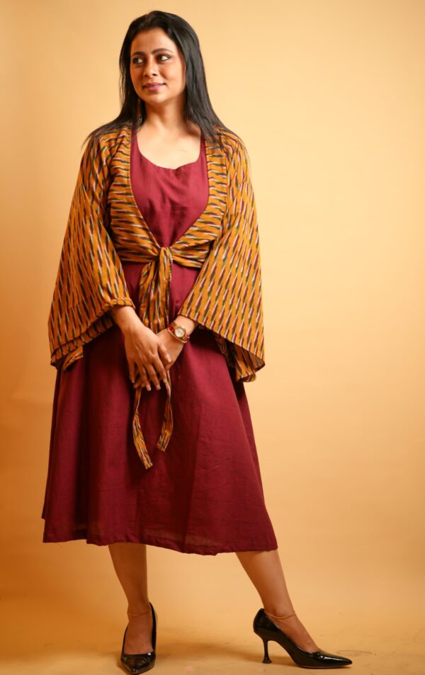 A- Line Solid Colour Sleeveless Dress with Kimono Style Ikkat Jacket