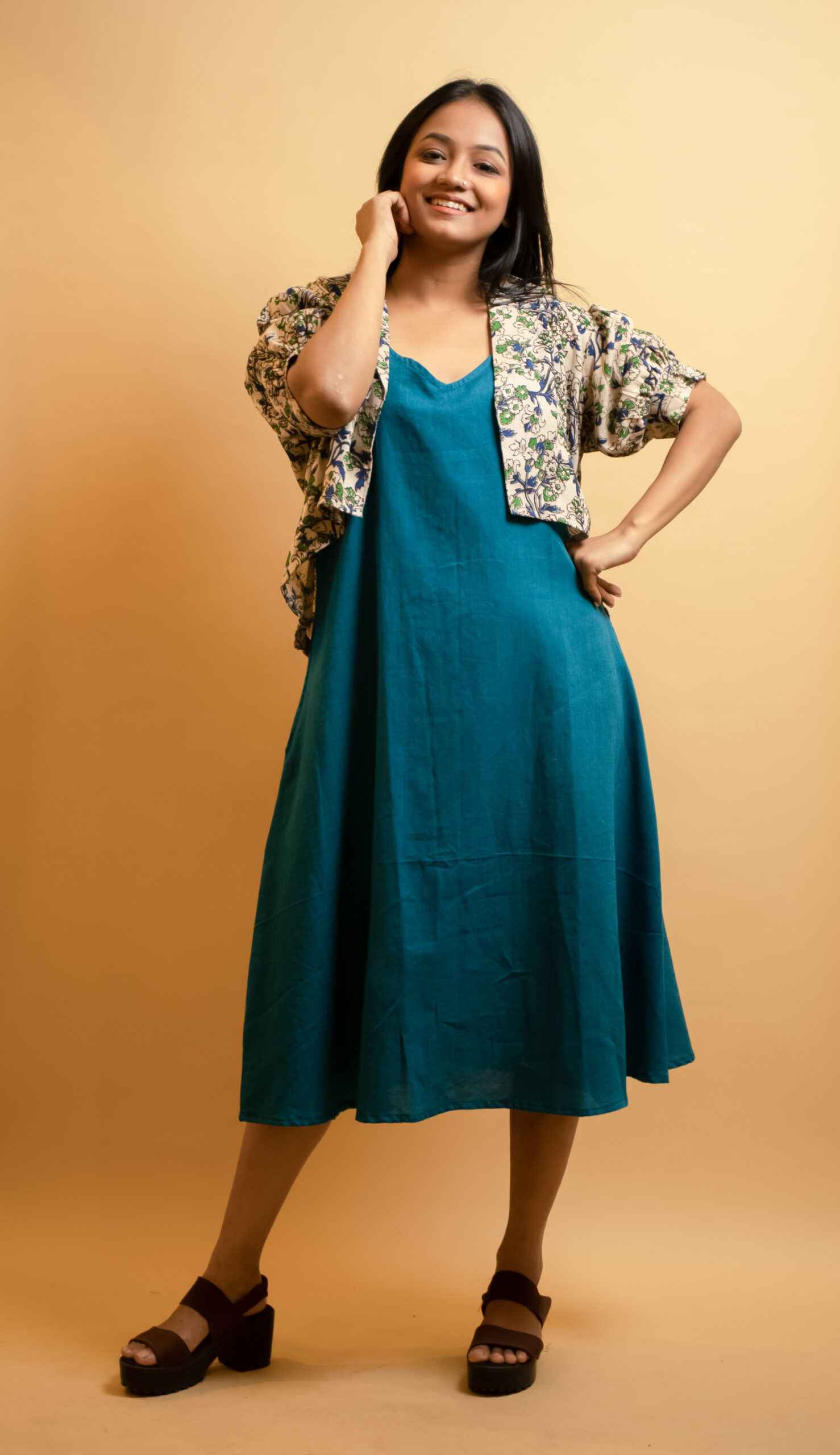 Solid Colour ALine Dress with Kalamkari Bolero Jacket - Shohaag