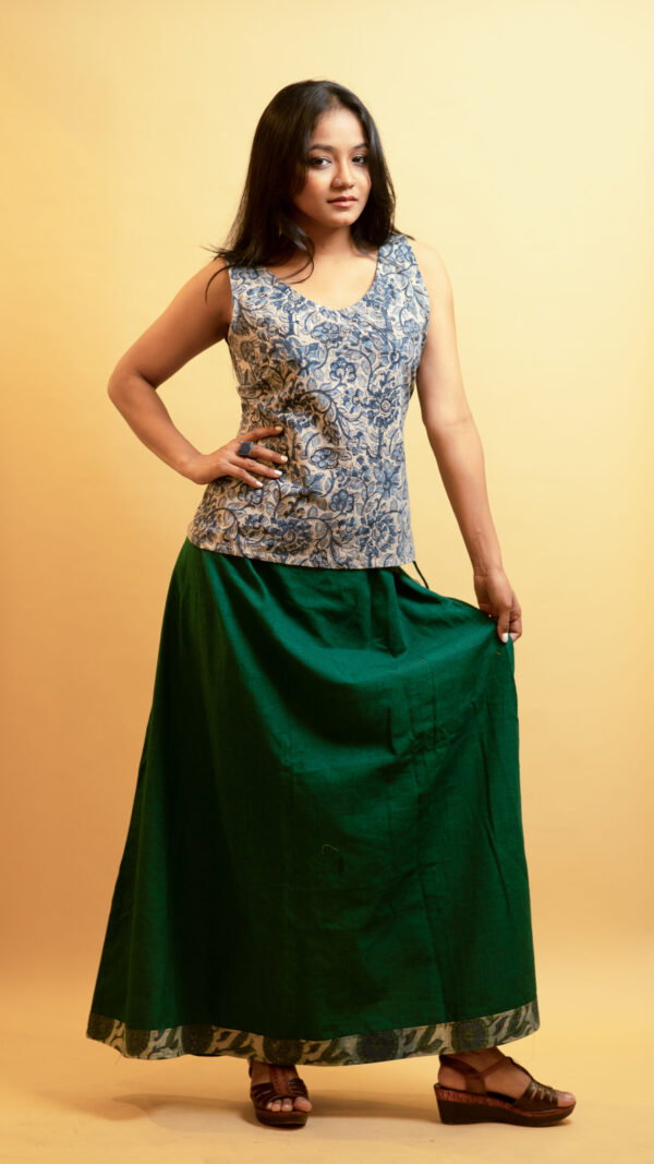 V Neck Kalamkari Top with Solid Colour A- Line Skirt with Kalamkari Border.