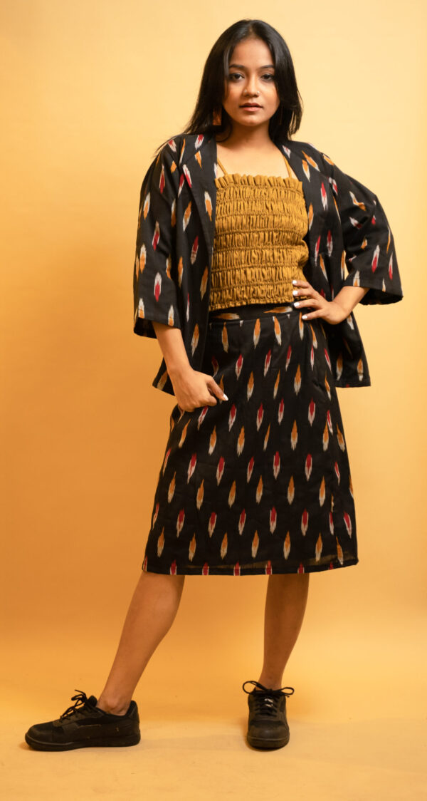 Ikkat Half Jacket and Knee Length Midi Skirt Co-Ord Set with Honeycomb Spaghetti Top