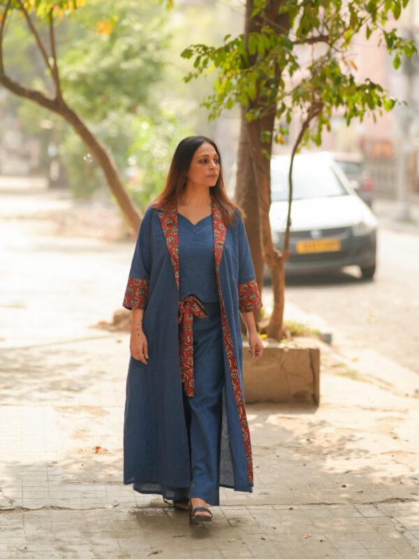 Three Piece Long Shrug, Flared Palazzo and Sleeveless cropped top set.