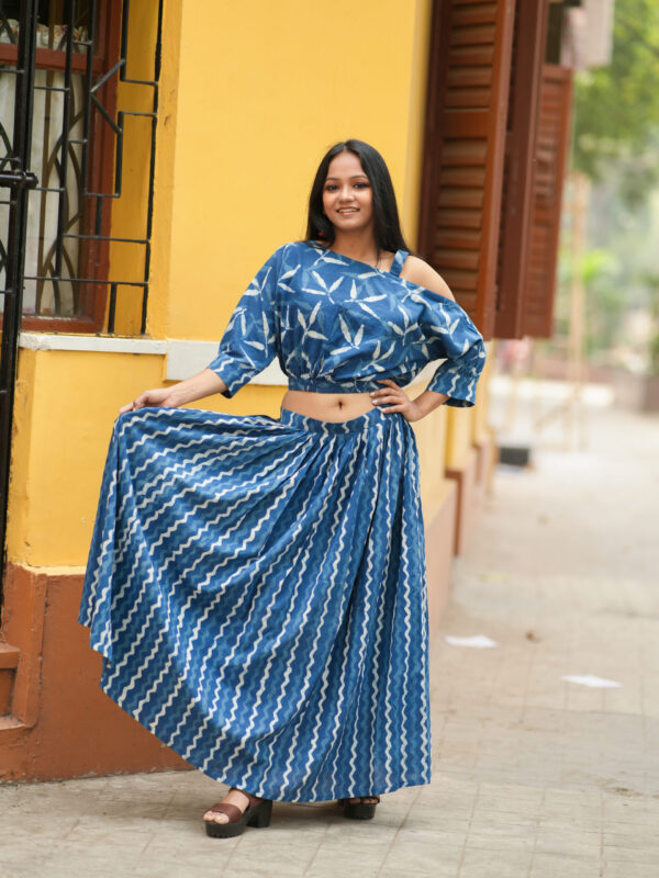 Indigo One- Shoulder Top Cropped Top with Flared Full Umbrella Skirt