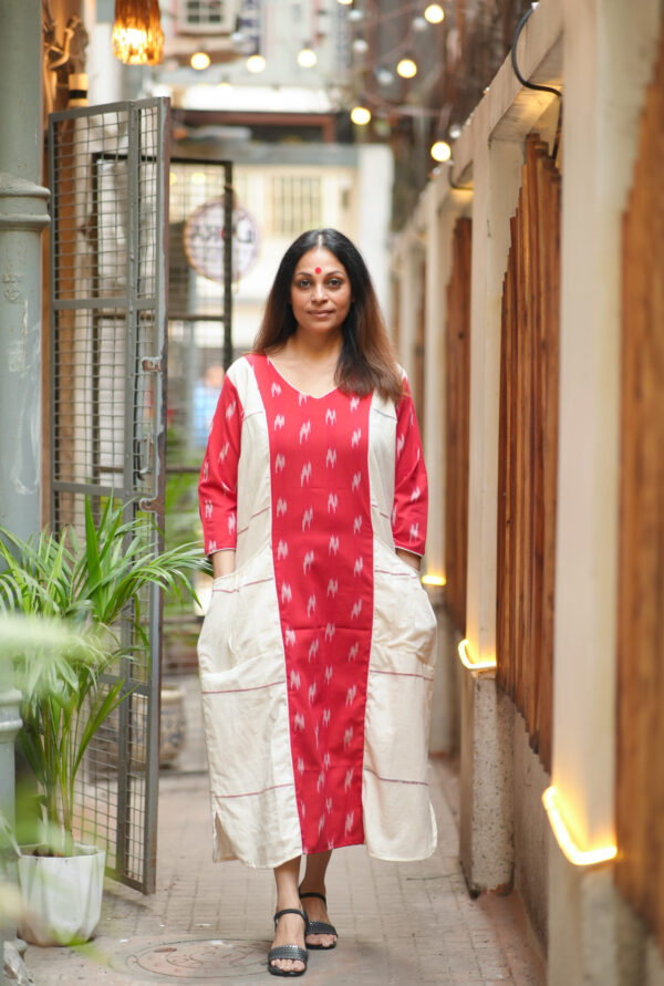 Red & White Ikkat and Khesh Patchwork Relaxed Fit Dress