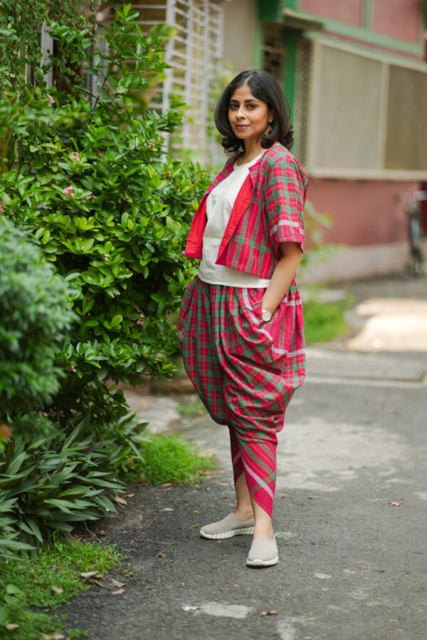 Gamchha Ensembles with Dhoti Pant, Bolero Jacket and Off-white Sleeveless Top