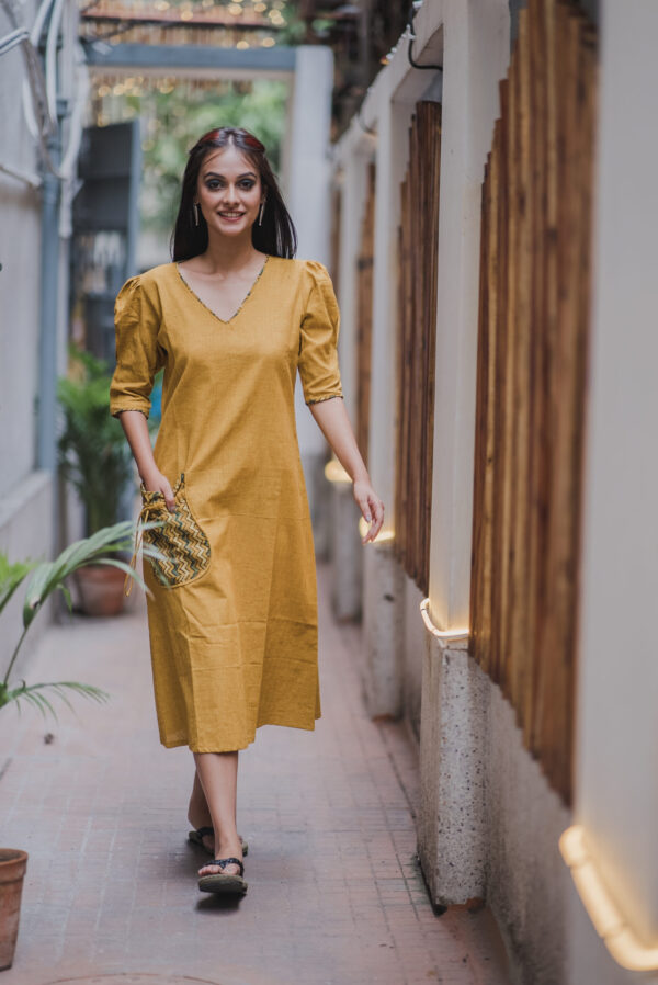 Mustard Casual Dress with Puff Sleeves & Pouch Pocket