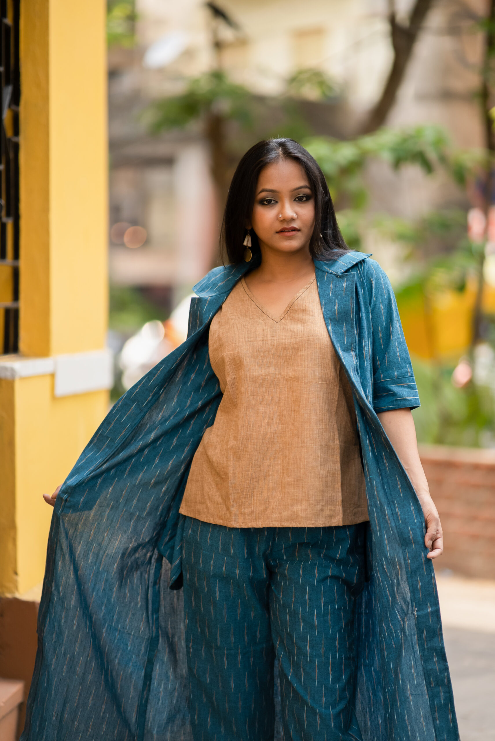 Three Piece Ikkat Long Shrug, Cigarette Pant and Solid Colour V