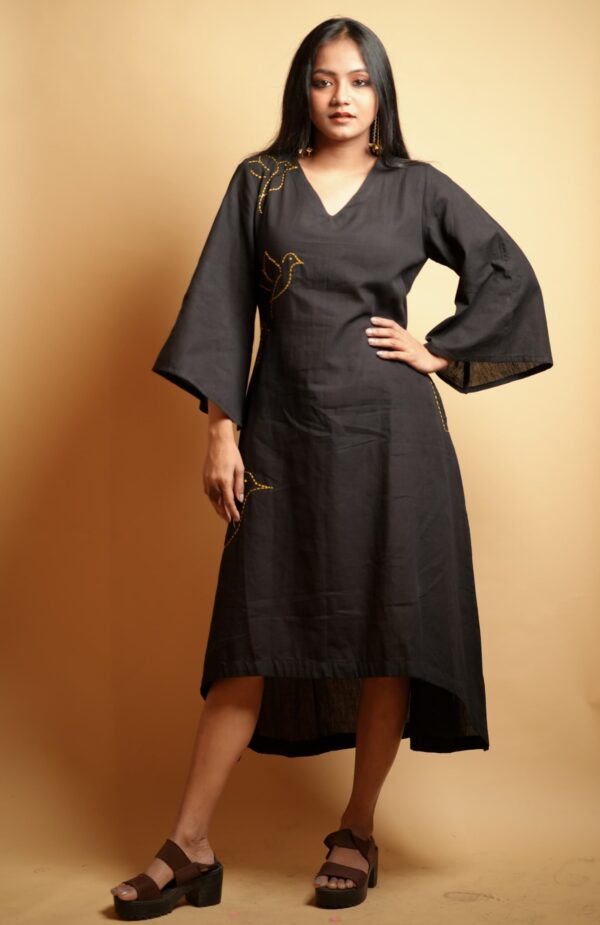 V Neck Bell Sleeve Dress with Bird Embroidery Dress