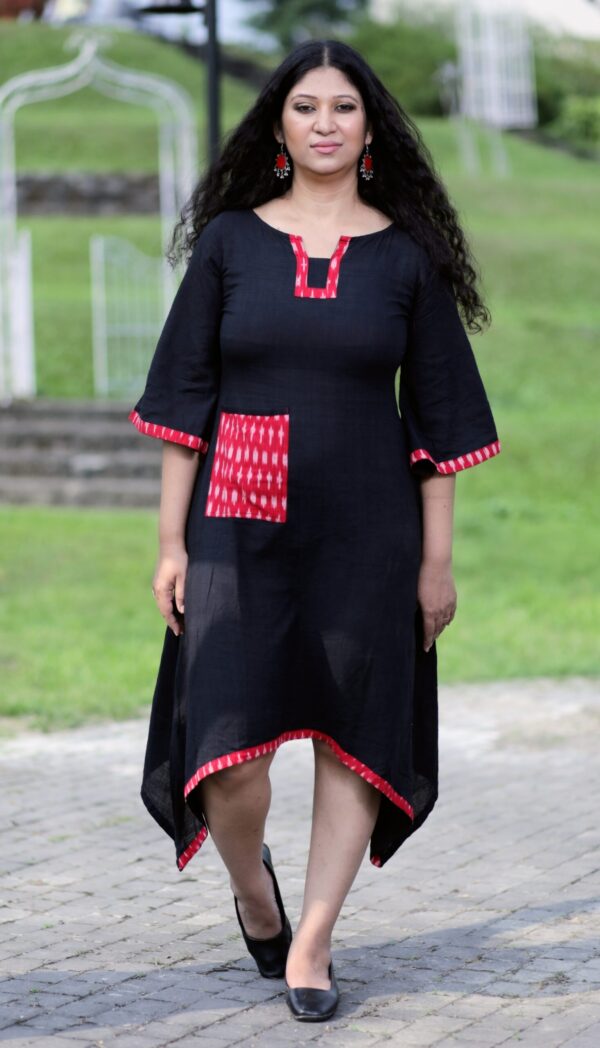 Asymmetric Fish Cut Dress with Funnel Sleeve and Ikkat Patches