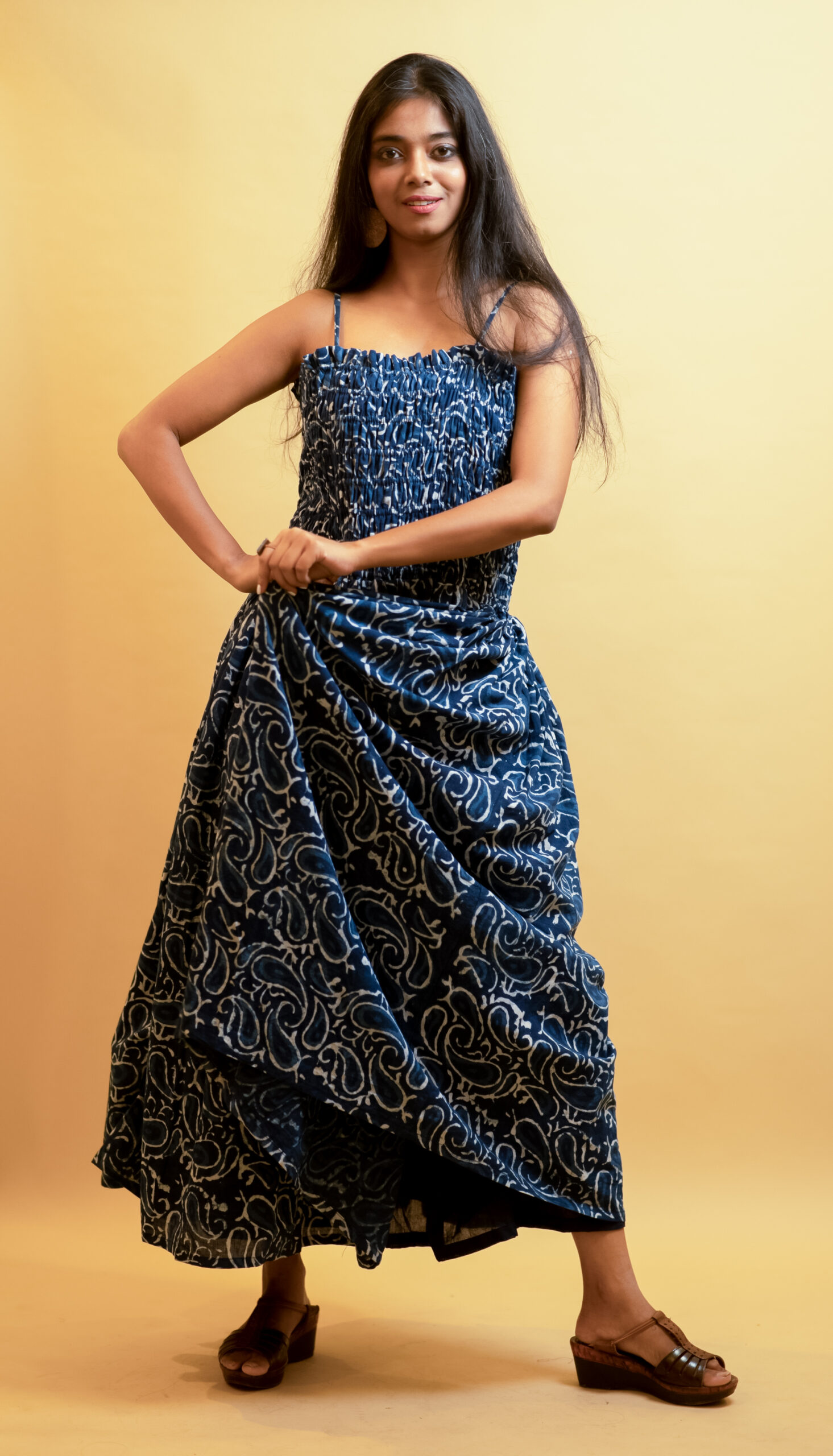 Indigo Honeycomb Spaghetti Dress