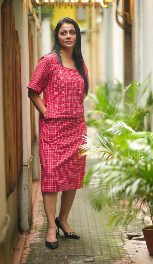 Check Midi Dress with Floral Embroidery Overlay