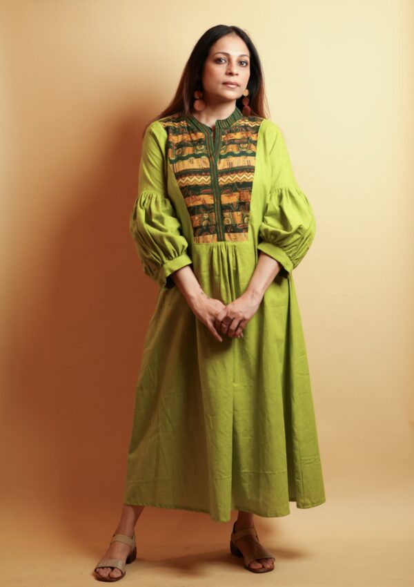 Bishop Sleeve Chinese Collar Dress with Assorted Ajrakh Patch Yoke