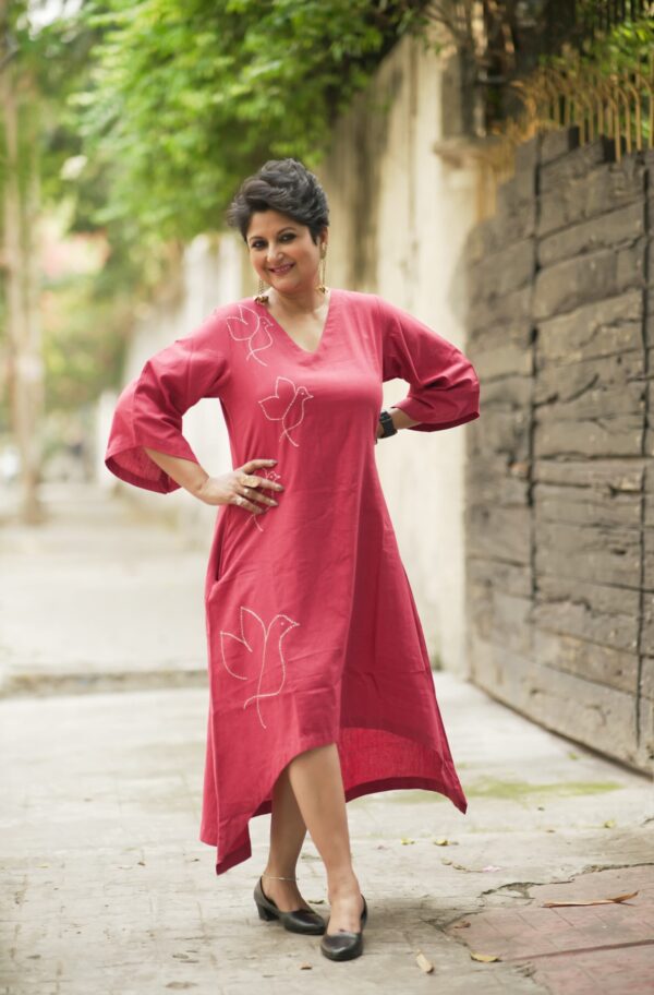 V Neck Bird Embroidery Long Bell Sleeve Asymmetric Dress