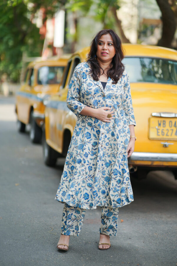 Silk-Cotton Long Notched Collar Shirt and Straight Pants