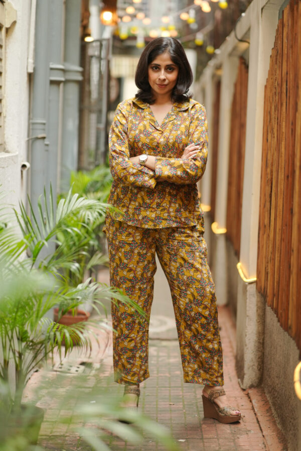 Silk Cotton Notched Collar Top and Cigarette Pant Co-ord Set