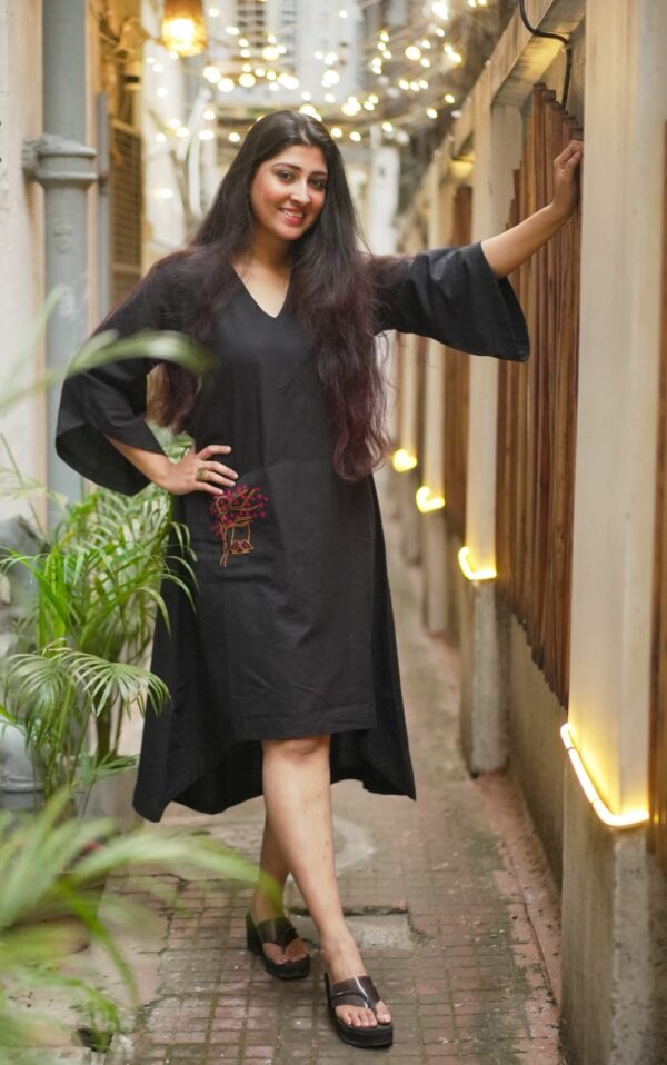 V Neck Long Bell Sleeve Dress with Hand Embroidered Pocket