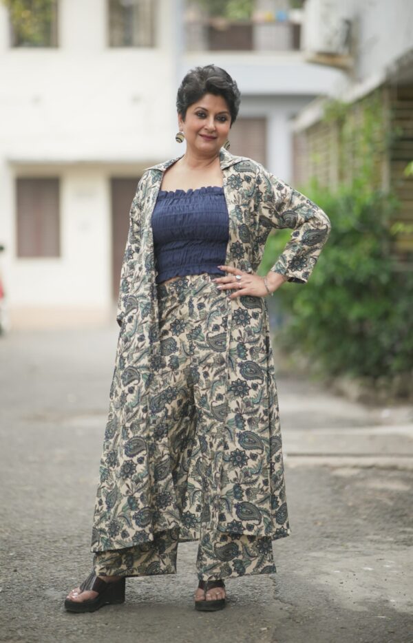 Sico Floral Three Piece Ensemble with Long Shrug, Flared Pants and smocked tube top