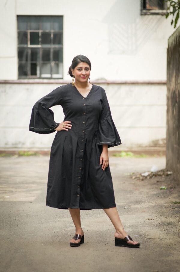 V Neck Bell Sleeve Half-Umbrella Cut Buttoned-Down Dress