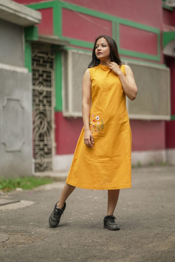 Band Collar Sleeveless A line Dress with Hand Embroidered Pocket