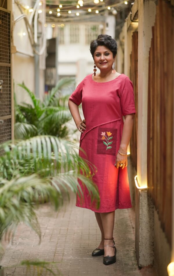 Soft Boat Neck A Line Dress with Floral Hand Embroidered Pocket