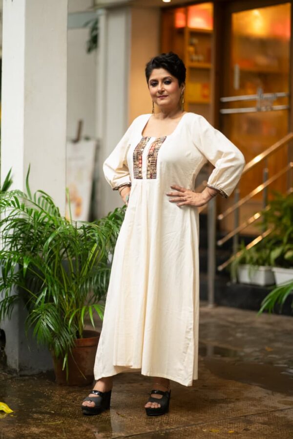 Kachh Border Yoke Empire-Line Cut Dress with Balloon Sleeves