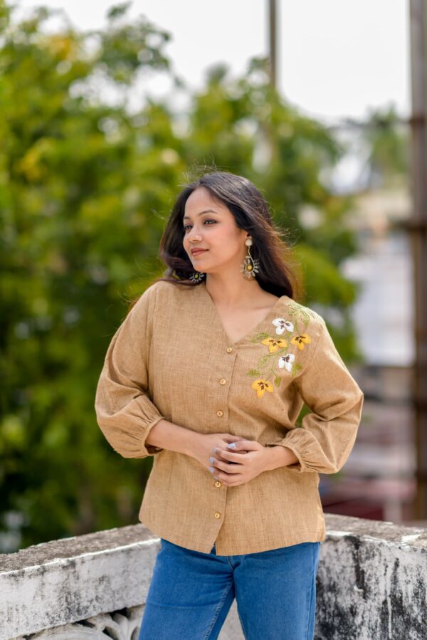 V Neck Balloon Sleeve Top with Floral Hand Embroidery - Shohaag 