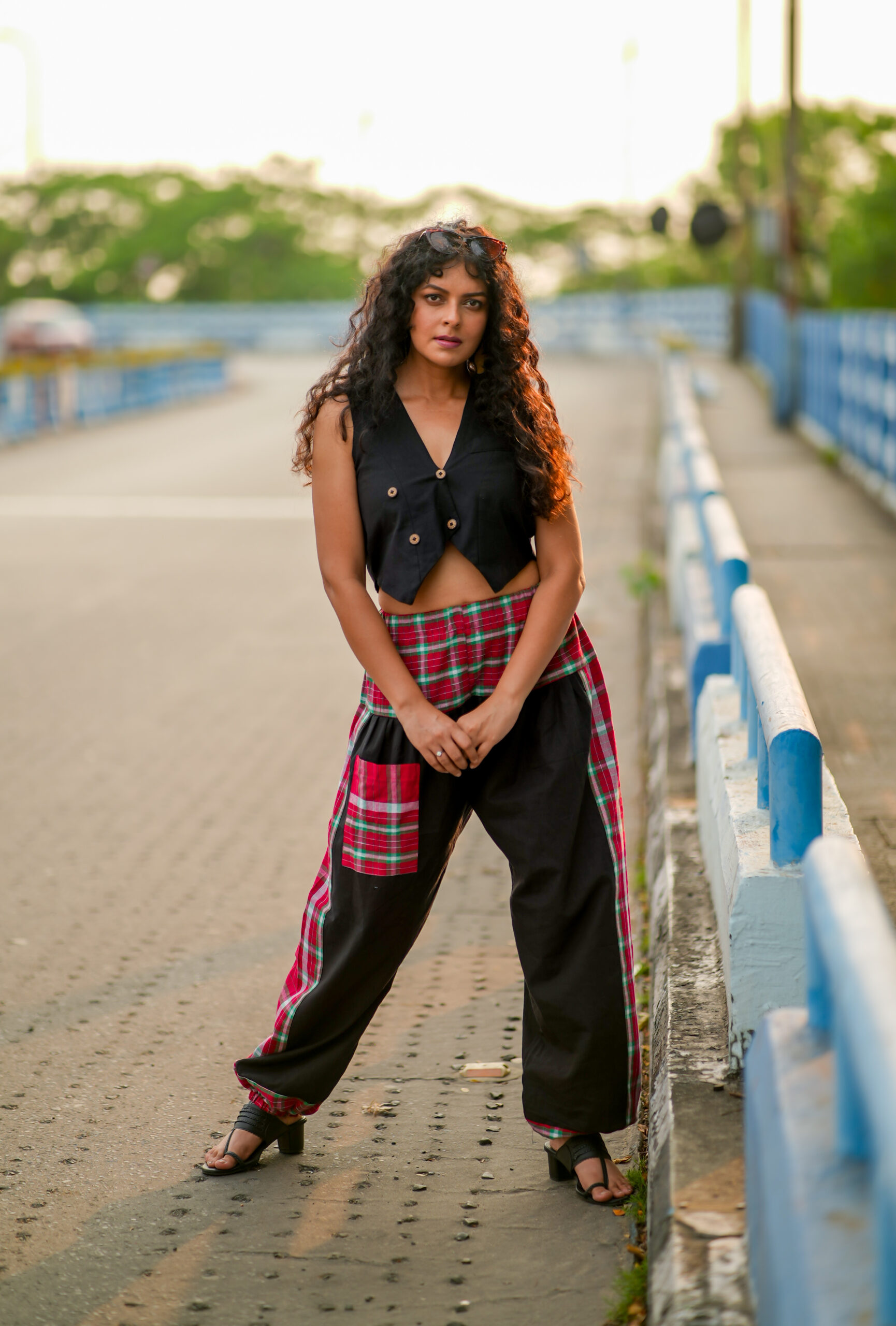 Gamchha Panel Harem Pant with Gamchha Patch Pocket Paired with V Neck Buttoned Down Cropped Top
