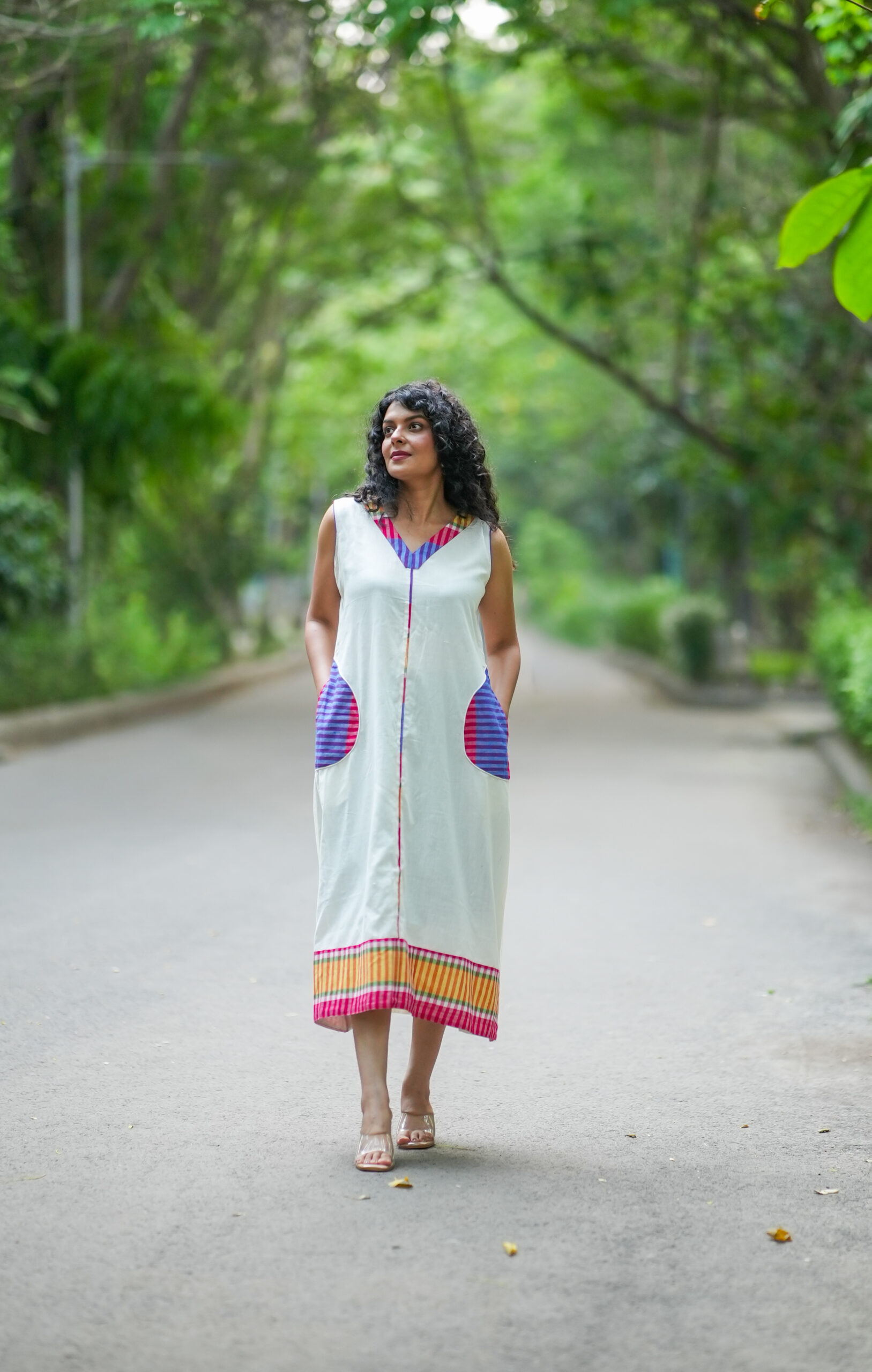 Gamchha Patch V Neck A line Sleeveless Dress with Gamchha Patch Curved Pocket