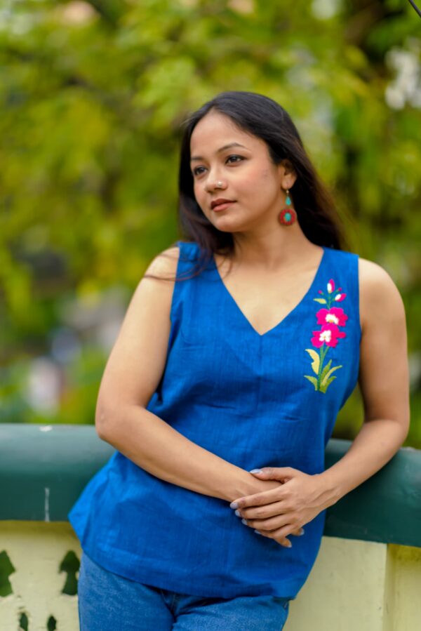 V Neck Handloom Top with Floral Hand Embroidery