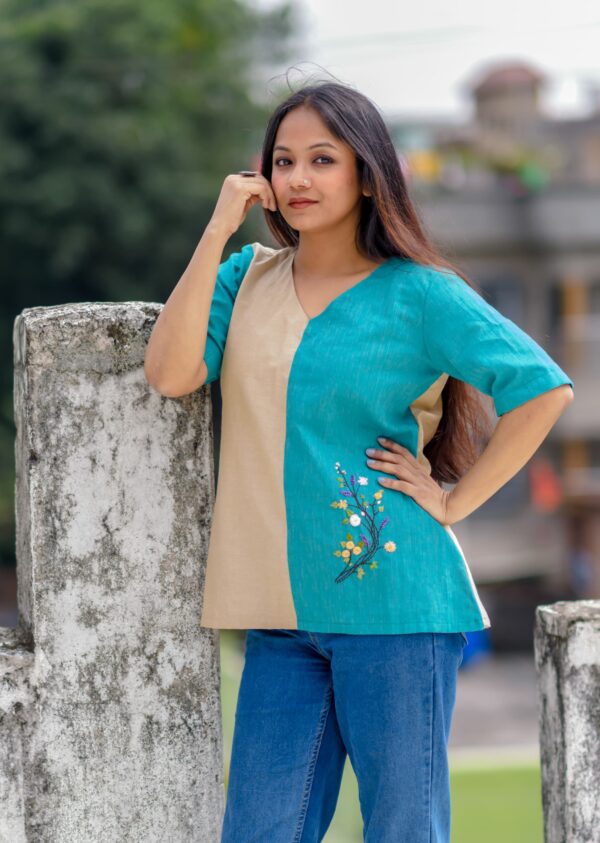 Dual Tone V Neck Glass Sleeve Top with Floral Hand Embroidery