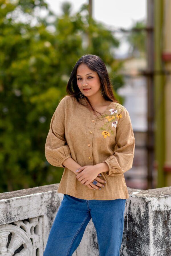 V Neck Balloon Sleeve Top with Floral Hand Embroidery