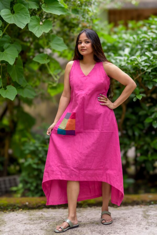 V Neckline Asymmetric Dress with Geometric Colour Block Applique Patch Pocket