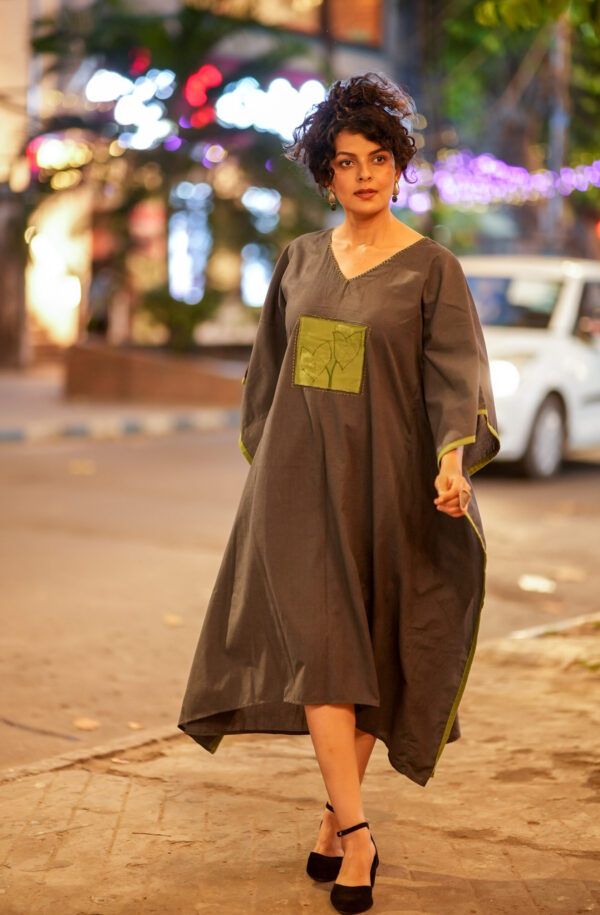 Handloom Long Kaftaan with Abstract Leaf Applique Panel